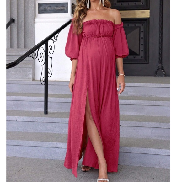 Maternity Off Shoulder 3/4 Sleeve Split Leg Party Occasion Maxi Dress - Picture 7 of 11